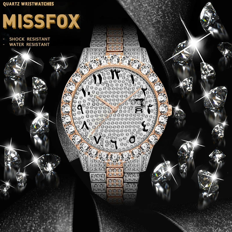 

MISSFOX Relogio Masculino Arabic Numerals Dial Wrist Watch AAA Watch Men Rose Gold Water Resistant Gmt Quartz Clock Men Watch