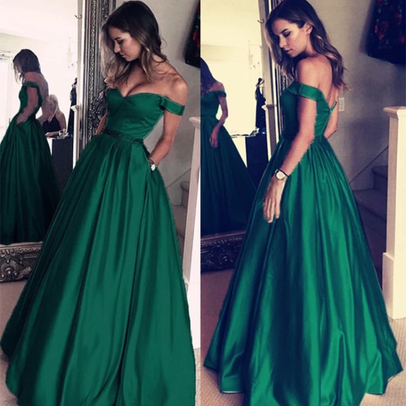 

2024 Simple A-line Prom Dresses Beads Sash Off The Shoulder Long Formal Party Gowns Dark Green Cheap Vestido De Fiesta