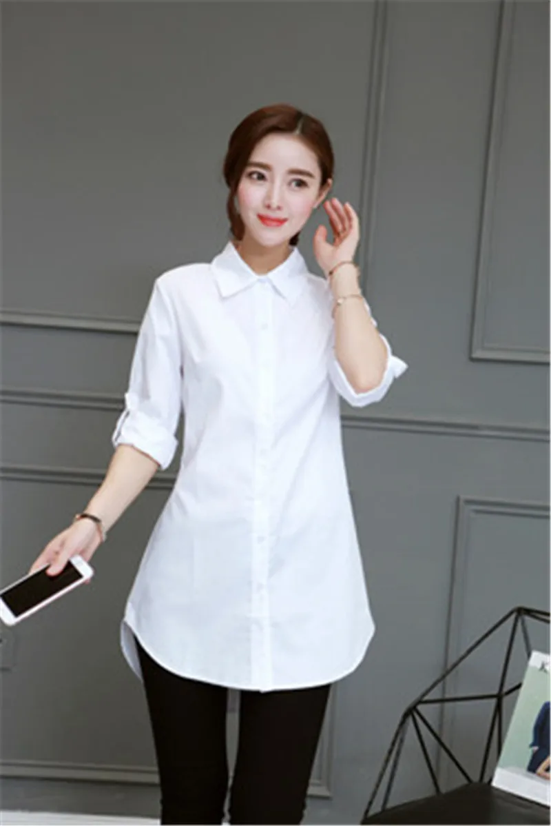 Womens OL Cotton Long Blouses Top Slim Long Sleeve Turn-down Collar Ladies Shirts Pink/White/Blue Blusas Plus Size 5XL Shirt 5