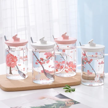 

Milk Coffee Mug Cherry Blossom Pattern Heat-resistant Glass Water Cup Cute Straw Mug Home Office Flower Tea Cup With Lid Spoon