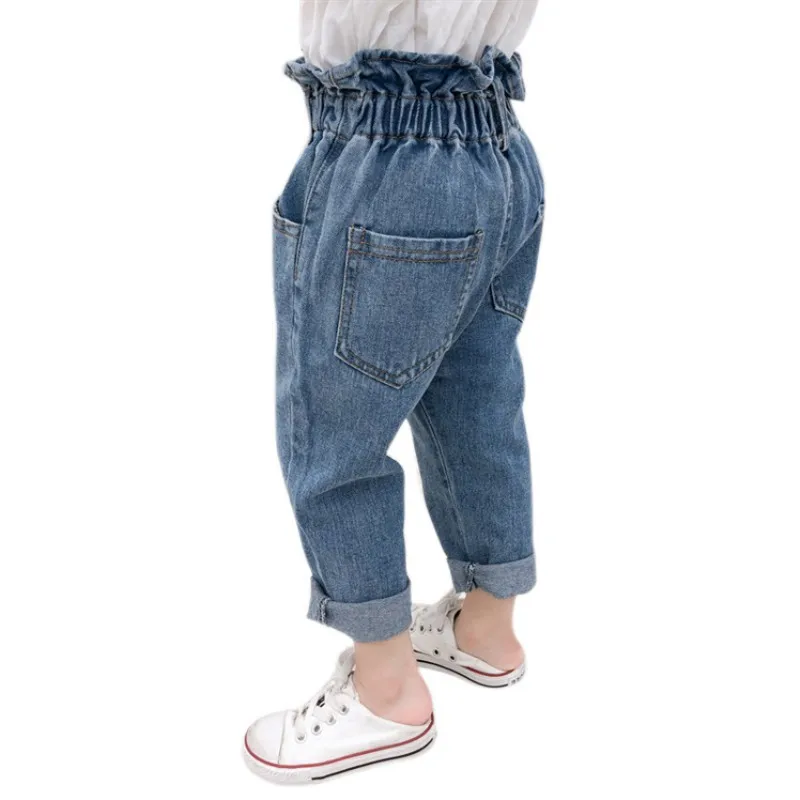 Повседневные джинсы с эластичной резинкой на талии для маленьких девочек синие джинсы модные штаны на лето и осень для девочек