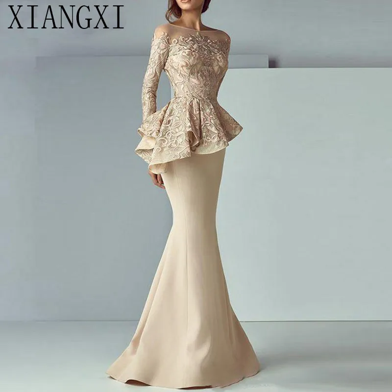 

Champagne Mermaid Evening Dresses 2019 Long Evening Gown Long Sleeves Lace Peplum abiye Robe De Soiree Elegant Formal Dress