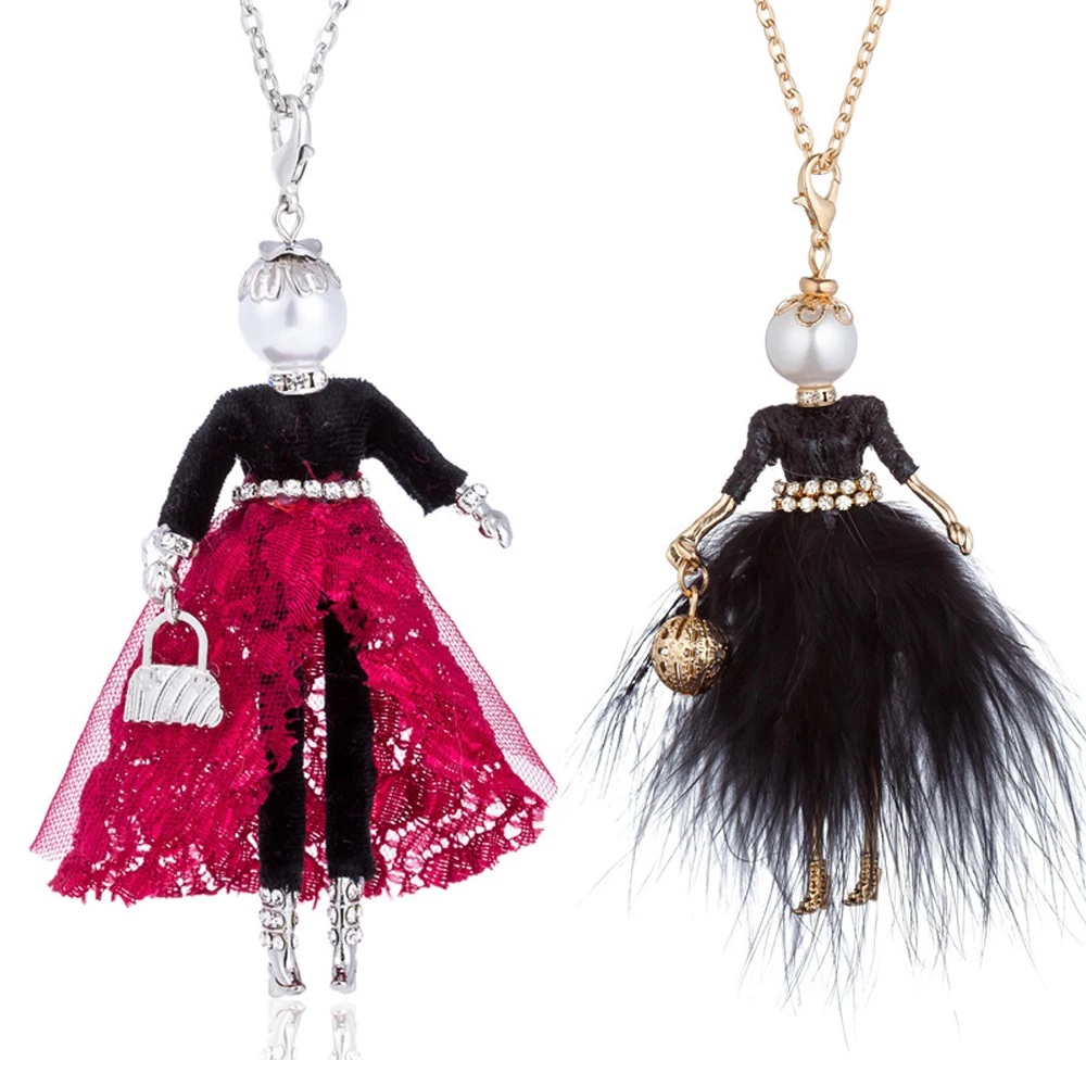

HOCOLE New Handmade Doll Necklace Feather Dress Long Chain Pendant Women Fashion Rhinestone Cute Girl Necklace Statement Jewelry