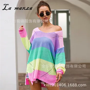 

2019 Oversized Rainbow Striped Women Sweaters Casual Hollow Out Patchwork Winter Sweaters