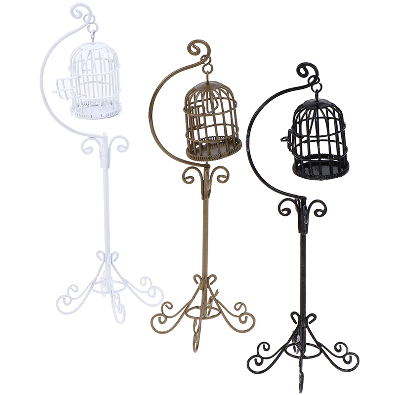 

3 Colors 1:12 Miniature Decorations Modern Home Room Crafts Mini Dollhouse Metal Bird Cage Model With Holder Alloy