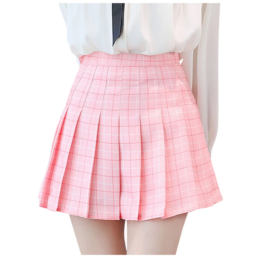 Клетчатая плиссированная сатиновая юбка, осенняя плиссированная мини-юбка с высокой талией, женская мода, тонкая талия, повседневные теннисные юбки, школьные каникулы - Цвет: Розовый