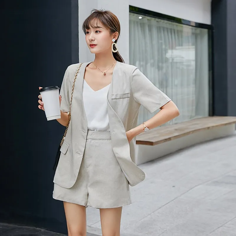Summer Women Korea Cotton Blazer Short Pant Set Short Sleeve Blazer And ...