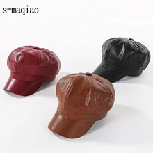 Pu Leather Beret Hat Winter Hats For Women Painter Newsboy Cap Male Vintage England Style Beret Female Black Boinas Hats