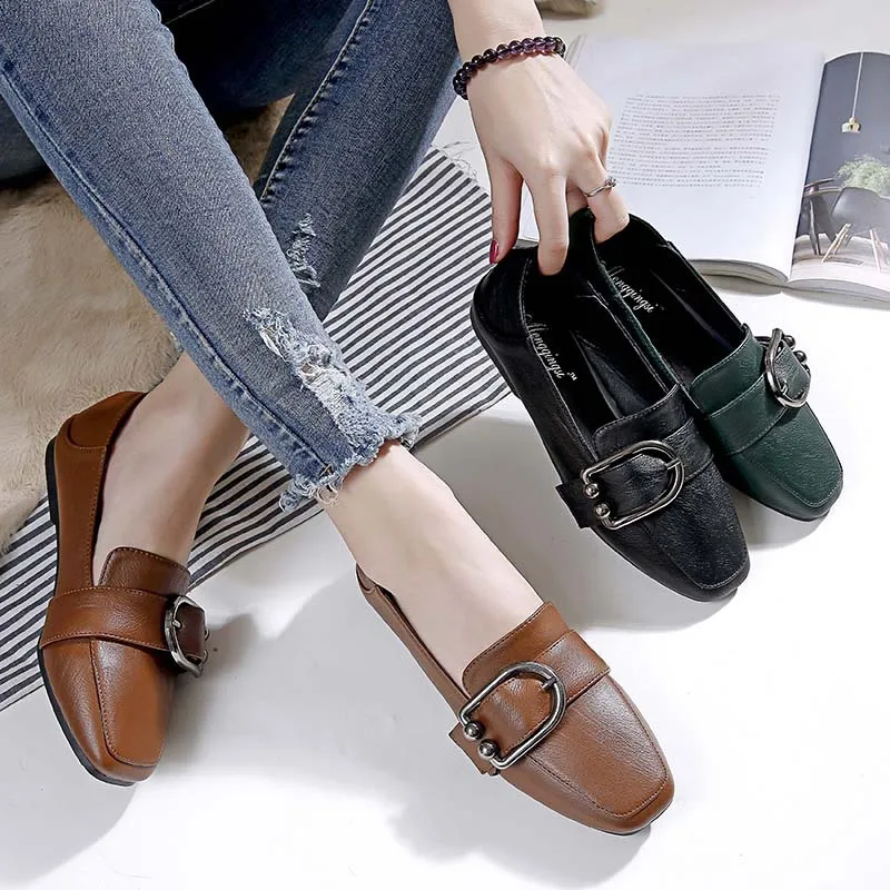 

Plush Fur Shoes Woman Brown Leather Flats Metal Buckle Creepers Square Toe 2 Ways Lazy Loafers Women Fur Flats Fluffy Moccasins