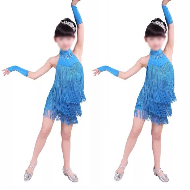 

Hot-2 Pieces Latin Dance Dress Girls Latin Fringe Dress Ballroom Dance Costume Dancing Clothing Blue , 140Cm & 150Cm