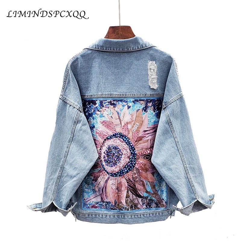 new Boho style Print Women's Denim Jacket Coat Diamonds Hole BF Jeans Outwear Female Spring Autumn Casual Loose Cowboy Outwear new Boho style Print Women's Denim Jacket Coat Diamonds Hole BF Jeans Outwear Female Spring Autumn Casual Loose Cowboy Outwear