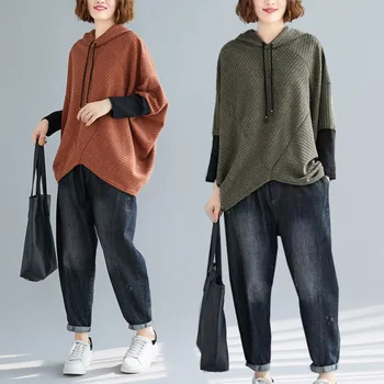 

Plus Size Autumn Winter Women Fashion Elegant Batwing Spliced Tops Ladies Female Long Sleeve Loose Irregular Hooded Sweatshirt