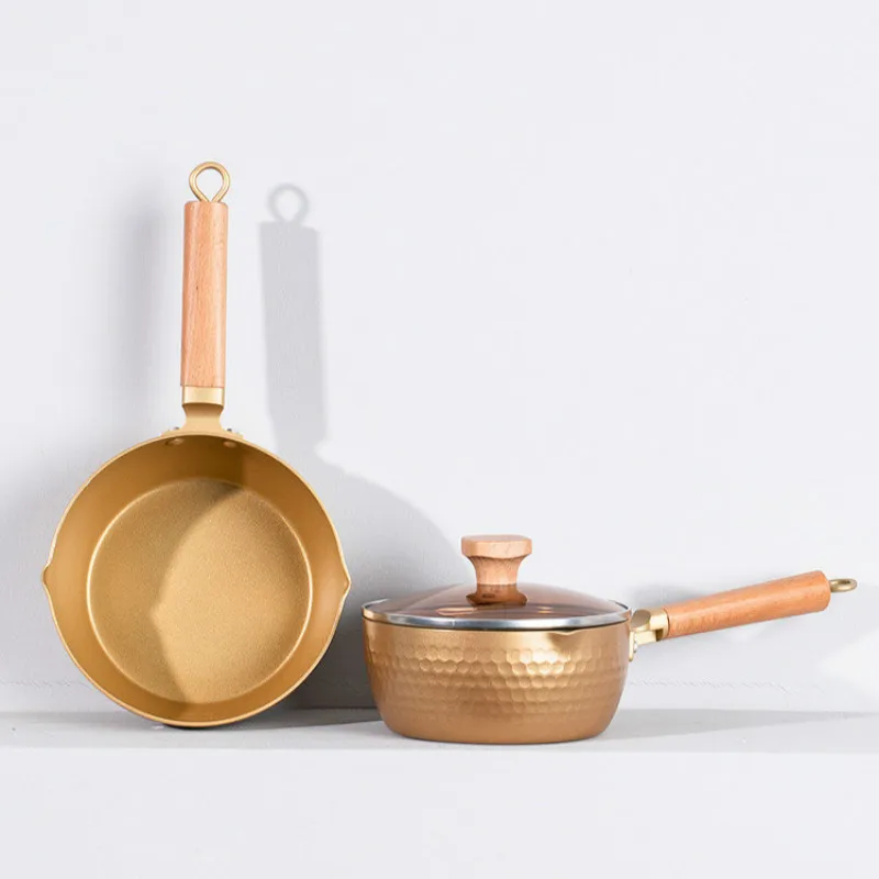 

Golden Pan Home Kitchen Cooker Induction Cooker Open Fire Universal Milk Pot Wooden Handle Soup Pot