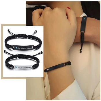 

Personalize Couple Paired Bracelets for Women Men His and Hers Handmade Rope Braided Nameplate ID Custom Engrave Jewelry