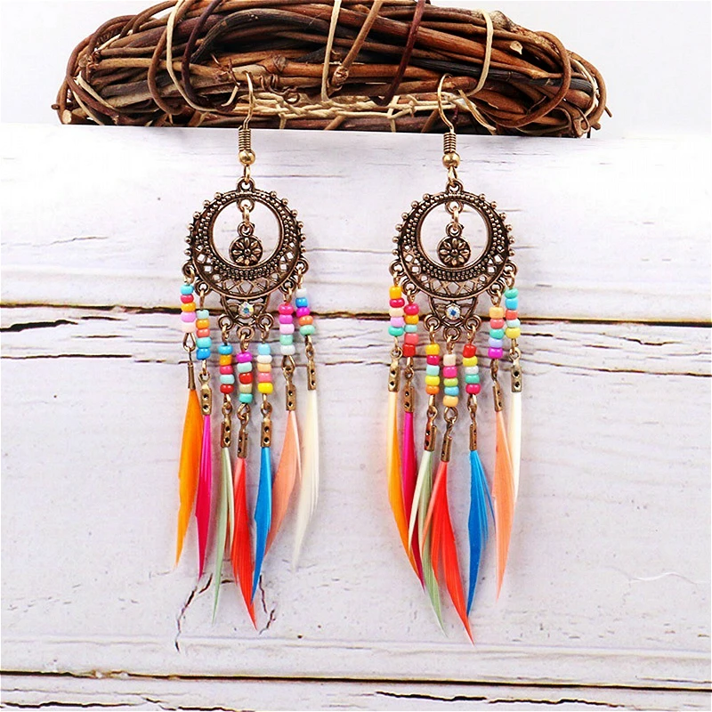 

Feather Earrings Boho Jewelry Hollow Out Metal Vintage Tassel Dangle Drop Earrings For Women Ethnic Style Accessories