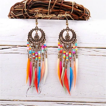 

Feather Earrings Boho Jewelry Hollow Out Metal Vintage Tassel Dangle Drop Earrings For Women Ethnic Style Accessories