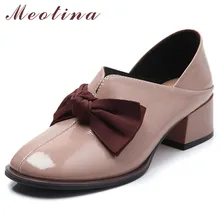 Meotina/женские туфли-лодочки на высоком каблуке туфли из натуральной кожи на толстом каблуке с бантом Туфли из лакированной коровьей кожи с круглым носком женские размеры 34-39