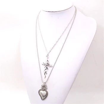 

1pcs Silver Plated Sacred Heart & Cross Charm Double Chain Metal Necklace DIY Charm Jewelry Handicraft Findings A1381