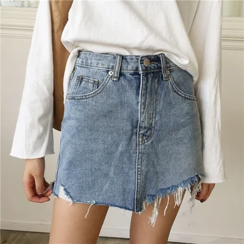 

Summer Women Pencil Skirt High Waist Washed Skirts Irregular Edges Denim Jupe All Match Mini Saia A-Line Skirts Rk