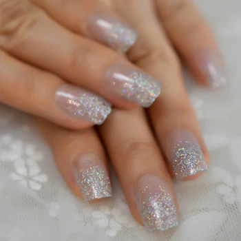 

Holo Colorful Silver Glitter French Press on False Nails Fake Nail Full Cover Transparent Finger Wear Tips 1 sheet Sticker Tabs
