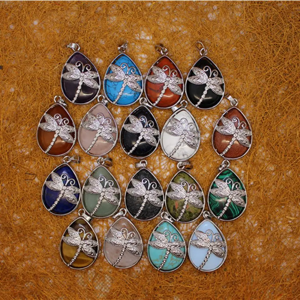 

12pcs Natural Stone drop pendant dragonfly Aventurines mixed clr Meditation Quartz Treat Crystal Charm for Jewelry Making Free