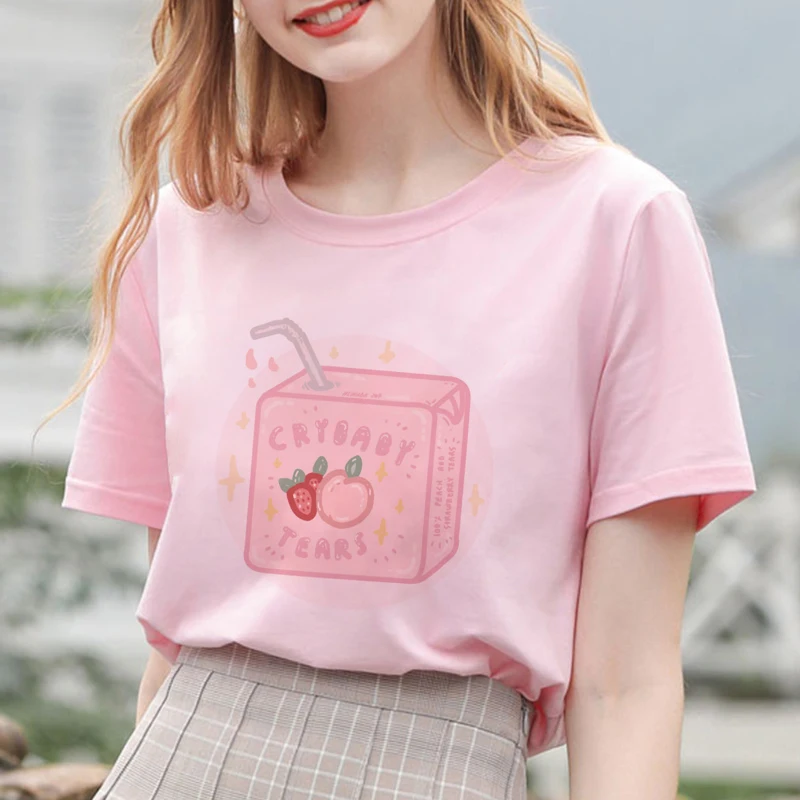 Summer New Pink Fashion Korean Style Women's Japanese Peach Juice Drink Print Harajuku Vogue Casual Loose Kawaii Female T Shirt