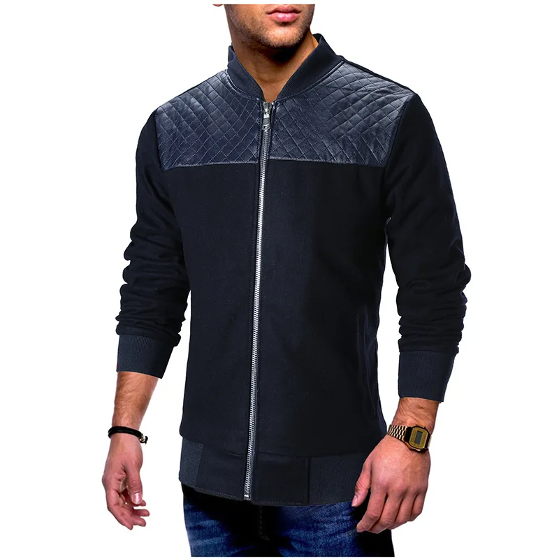 

Jacket Male, European Jacket, PU Leather Patchwork Jacket, Vertical Collar Zipper Jacket, Long Sleeve Jacket Male, Mens Jacket
