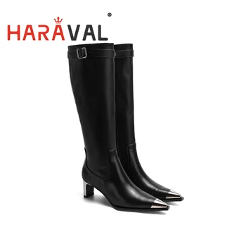 

HARAVAL Women High Quality Leather Boots Knee High Pointed Toe Sexy Mode Shoes For Lady Buckle Zipper Footwear With Heel E169L
