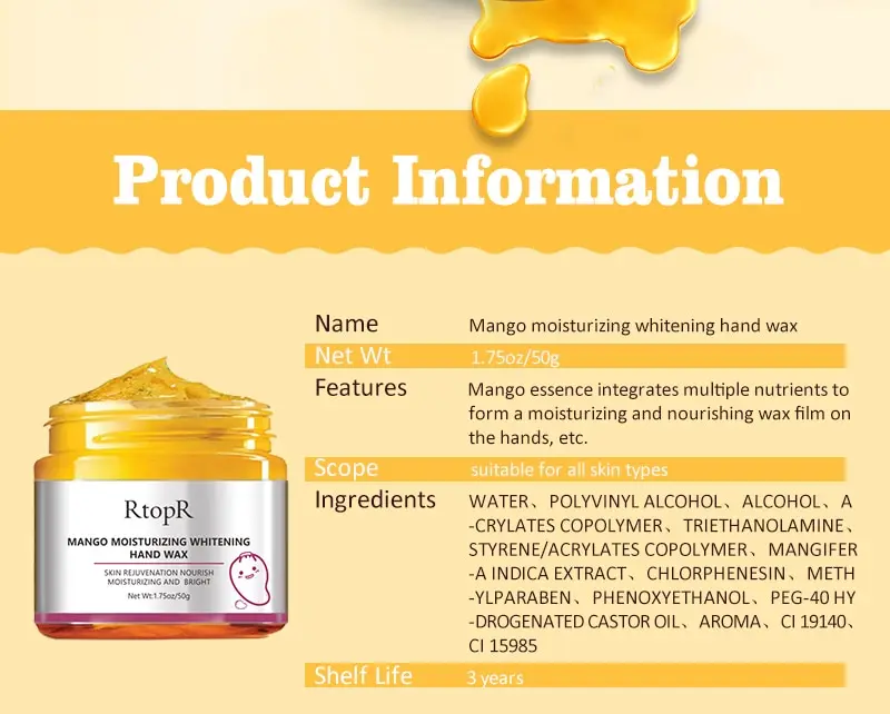 RtopR Mango Hands Mask Hand Wax Whitening Moisturizing Repair Exfoliating Calluses Filming Anti-Aging Hand Cream 50g