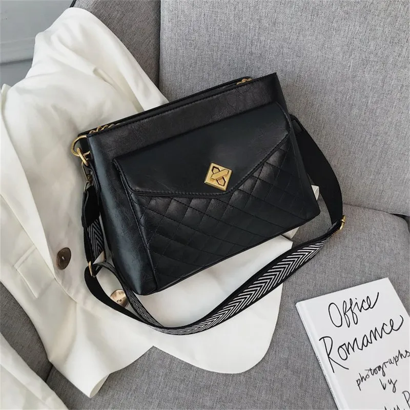 

Bag Female 2019 New Fashion Rhombic Chain Shoulder Bag Lattice Wide Shoulder Strap Messenger Bags Women Purse and Handbags