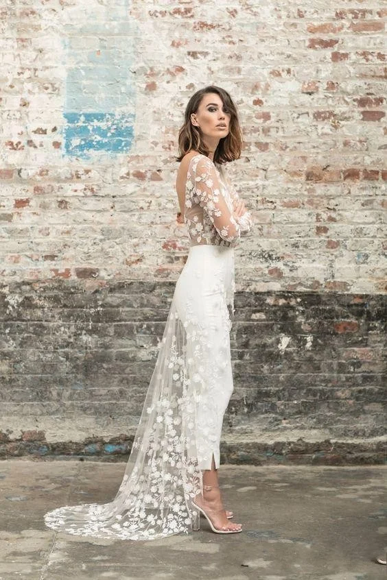 『Cheap!!!』- Beach Jumpsuit Wedding Dresses Jewel Neck Long Sleeve
Backless Ankle Bridal Outfit Lace Summer Bride Gowns