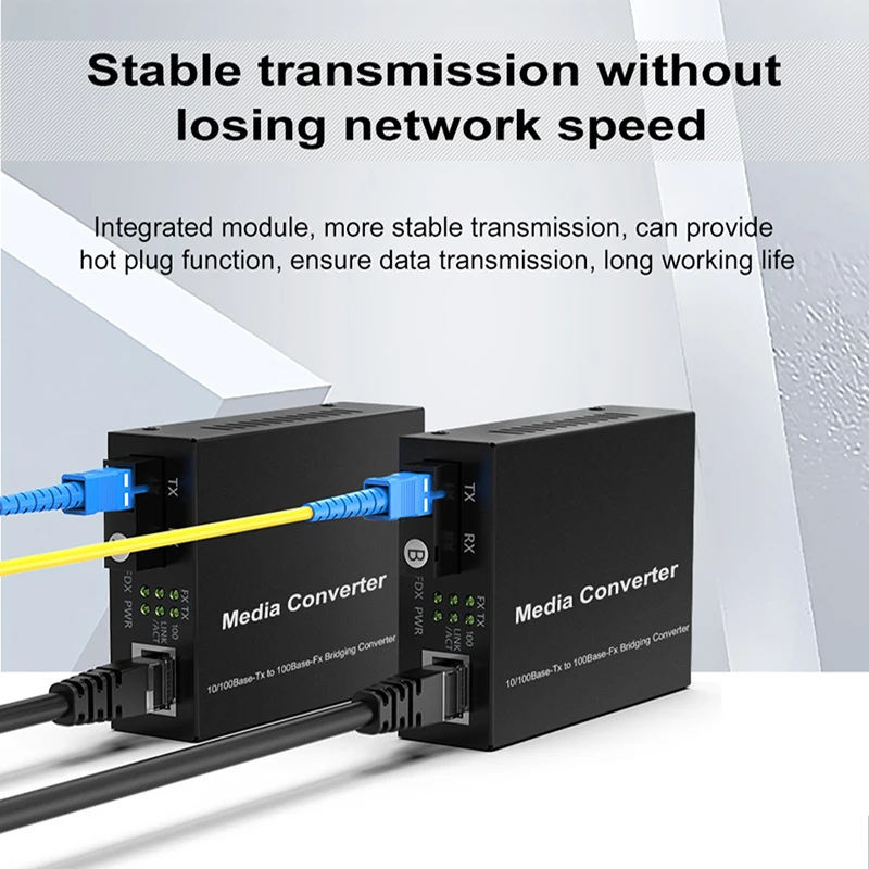 1 Pair Optical Fiber Media Converter 10/100M Singlemode Simplex Fiber Transceiver Single Fiber Converter 1310/1550nm 20km SC