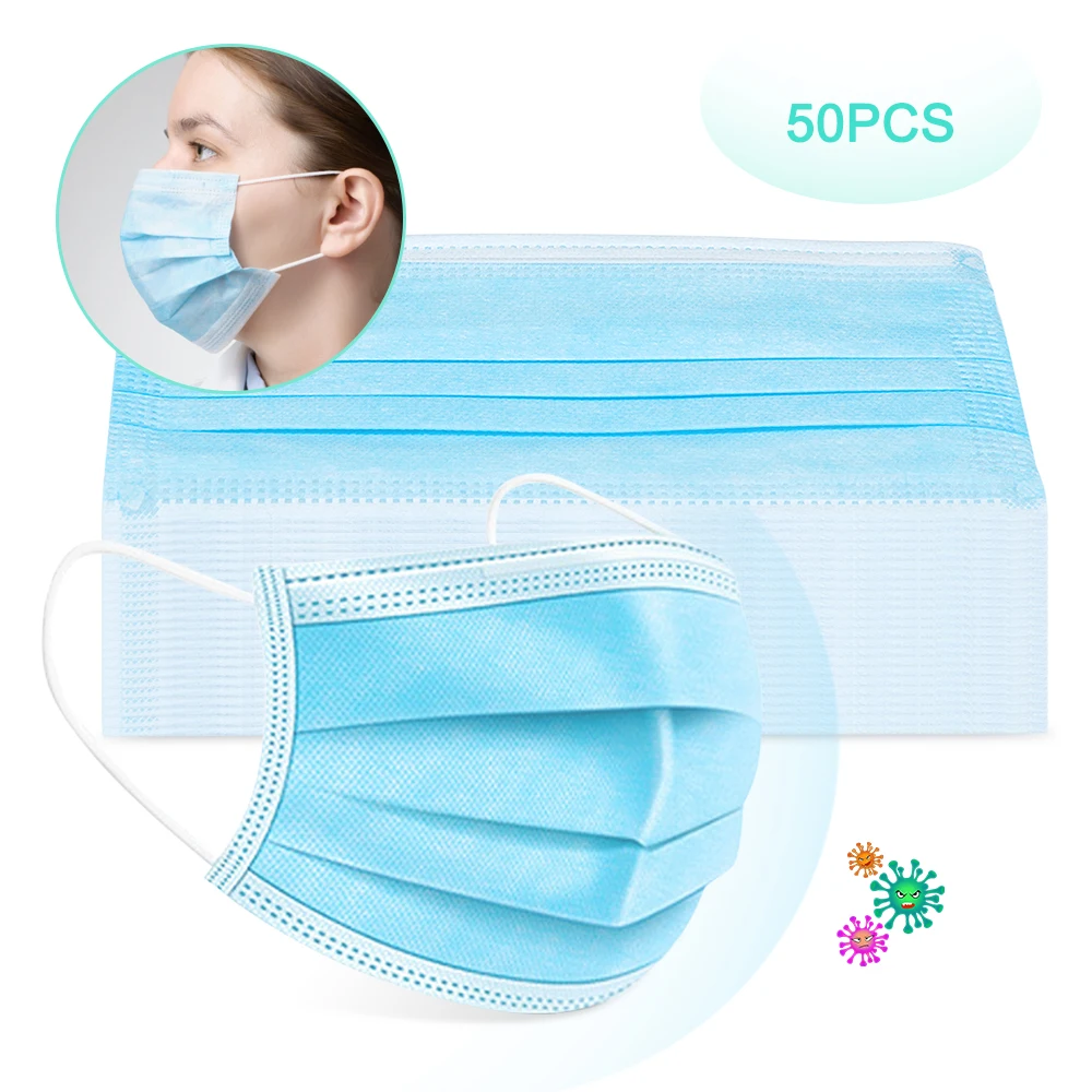 

50Pcs Protection Unisex Masque Disposable Non-Woven Masks Three-Layer Filter Anti-Dust Mouth Nose Mouth Face Masks Saliva-proof