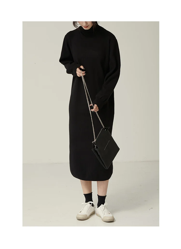 [EAM] женское черное короткое вязаное темпераментное платье, новинка, водолазка с длинным рукавом, свободный крой, модная одежда, весна-осень, 1M972