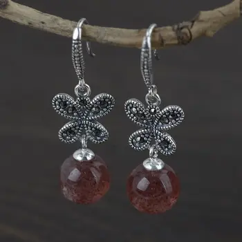 

FNJ 10mm Strawberry Quartz Earrings 925 Silver Original Pure S925 Sterling Silver Drop Earring for Women Jewelry