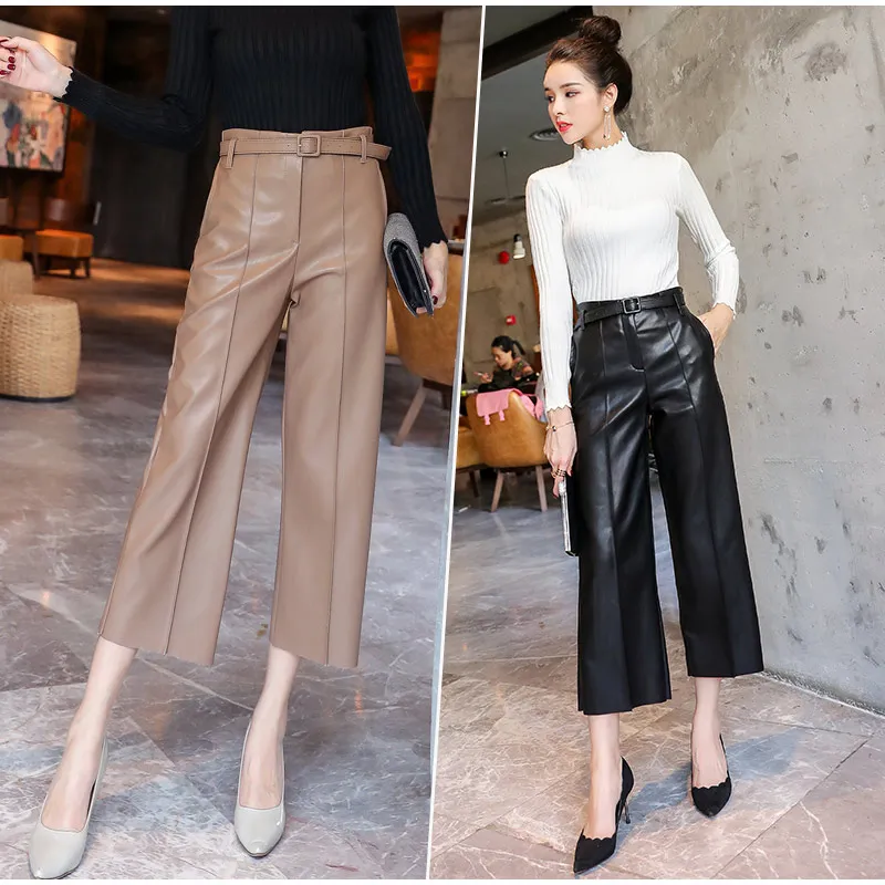 Autumn Faux PU Leather Pants Women With Belt High Waisted Wide Leg Anke-length Women's Trousers Winter NEW Fashion Clothes