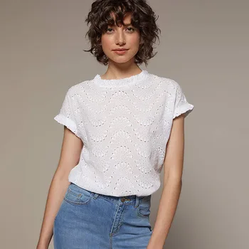 

White Embroidery Blouse Women Short Sleeve Ruffles O neck Chic Elegant Shirts Tunic Summer Loose Vintage Blouses Oversize