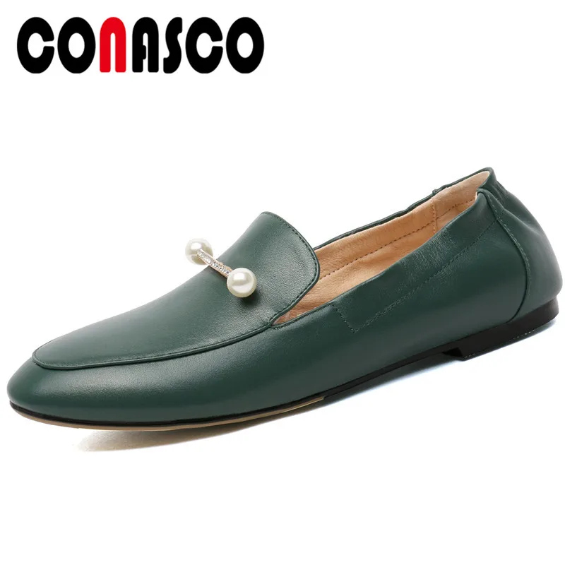 

CONASCO 2020 New Arrival Platforms Flats Cow Leather Spring Autumn Casual Pearl decoration Rhinestone Round Toe Shoes Woman
