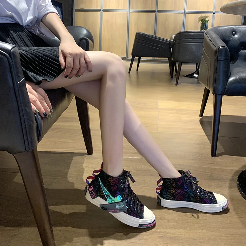 Jady Rose Colorful Retro Women Vulcanized Shoes Flat Canvas Shoes Woman Espadrilles Trainers Casual Lace-up Sneakers High Tops