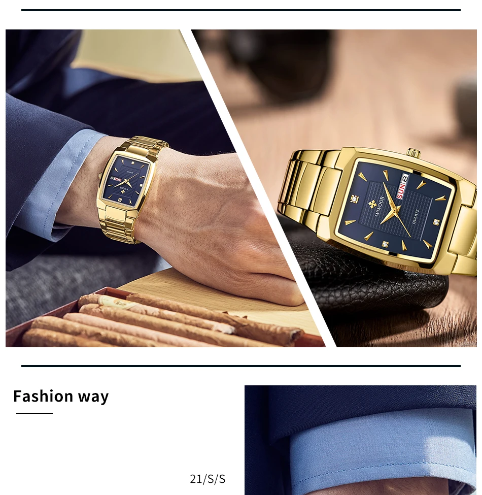 Watches Men WWOOR Brand Casual Simple Men's Quartz Clock Rose Gold Square Waterproof Week Display Wristwatches Relogio Masculino