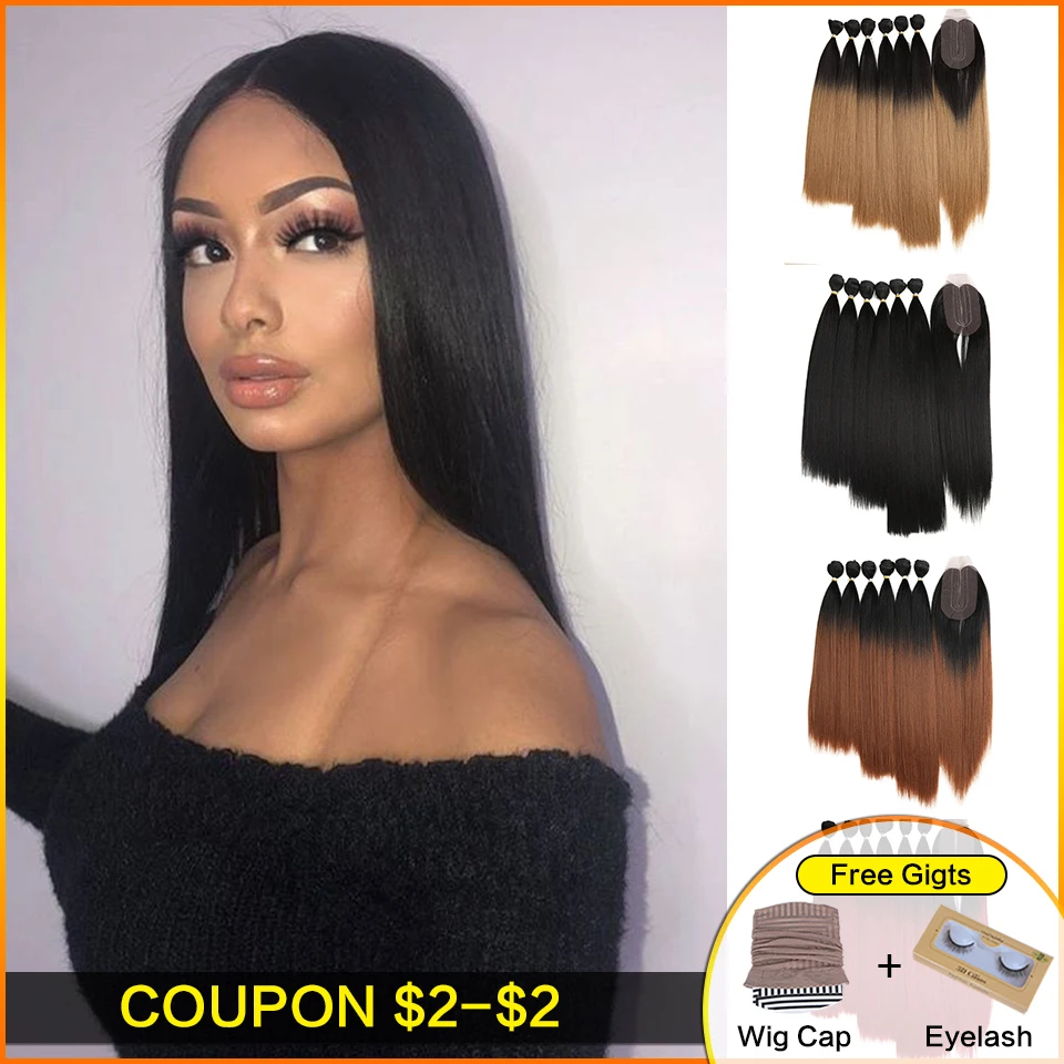 Bella pelo recto Yaki mechones 7 unids/pack 16-20 pulgadas Ombre 613 #4 colores de cabello sintético mechones con cierre de la extensión del pelo de la armadura