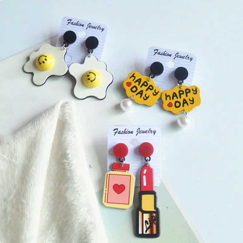 

2019 New Fashion Acrylic Heart Letter Long Lipstick Earrings for Women Night Club Interesting Cute Korean Happy Face Earring