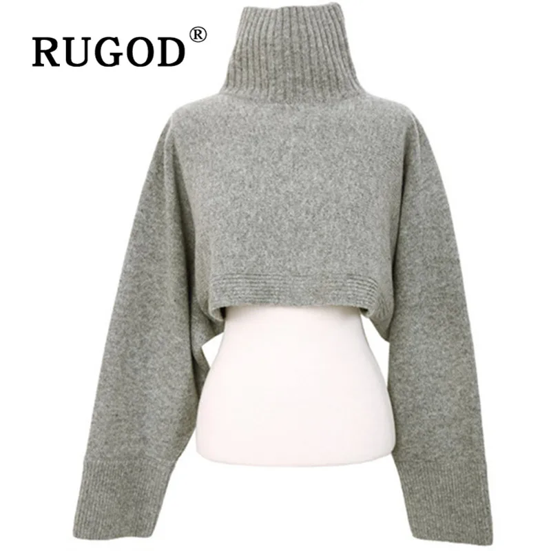 RUGOD, корейский стиль, шикарный свободный свитер с высоким воротом, Женский однотонный укороченный топ, мода, Kpop одежда