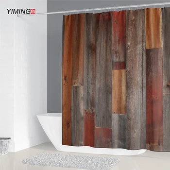 

YIMING Brown 3D wood board printing shower curtain polyester anti-mildew bathroom decoration curtain waterproof belt hook200*180