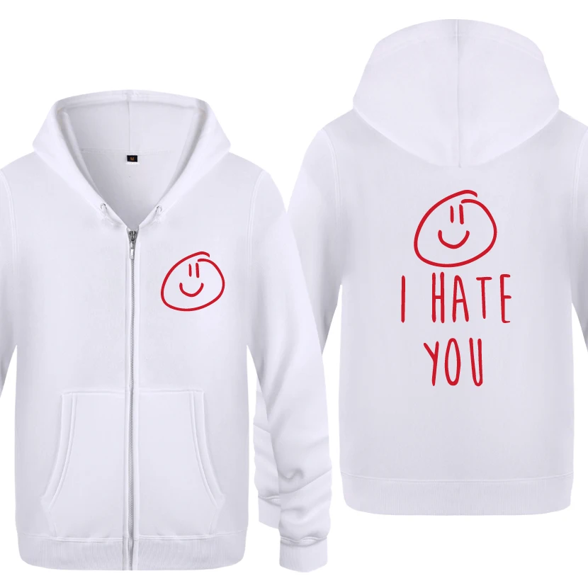 Забавный Милый мужской свитер с капюшоном на молнии с надписью I Hate You X Smiley Swag
