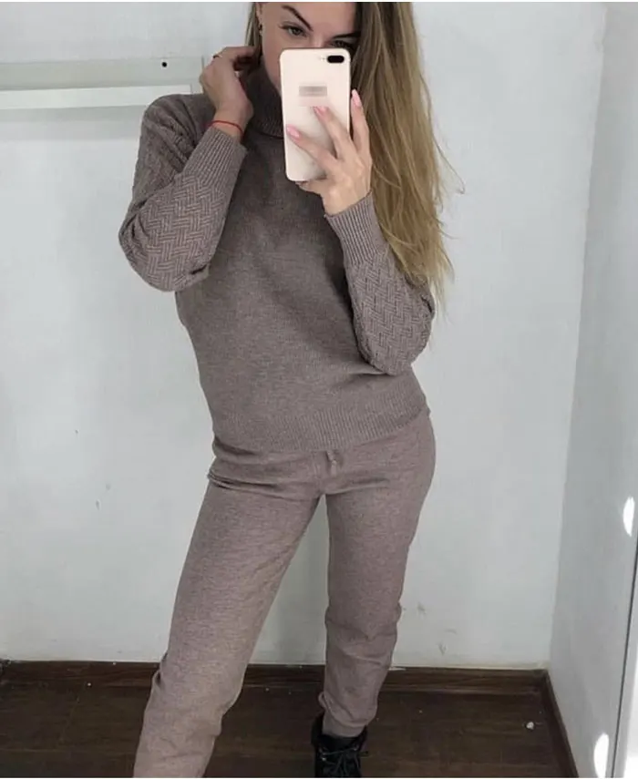 Women Autumn Winter Sweater Suit Sets Fashion Thick 2PCS Track Suit Female Knitted Trousers+Jumper Tops Costume Two Piece Set