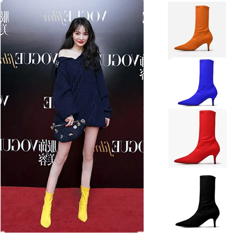 

Autumn Women Sock Boots Stretch Fabric Slip On High Heels Personality Pointed Toe Ankle Boots Women Pumps Stiletto Girls Shoes