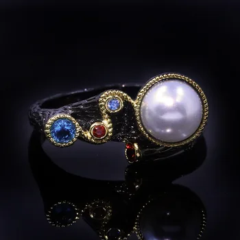 

925 Sterling Silver Vintage Over Black Gold Antique Freshwater Pearls Rings for Women Tungsten Zircon Stone Wedding Rings