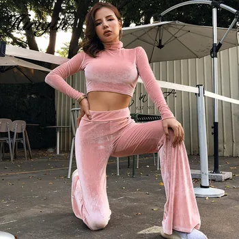 

Velvet tracksuit 2 two piece matching set women long sleeve crop top flare pants 2019 autumn winter sporting clothes