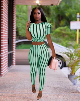 

Hot style women's new sexy digital print green stripe two-piece set